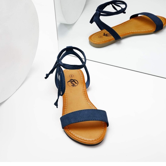 Lace Up Ankle Strap Open Toe Flat Sandals Navy - Picture 4 of 6